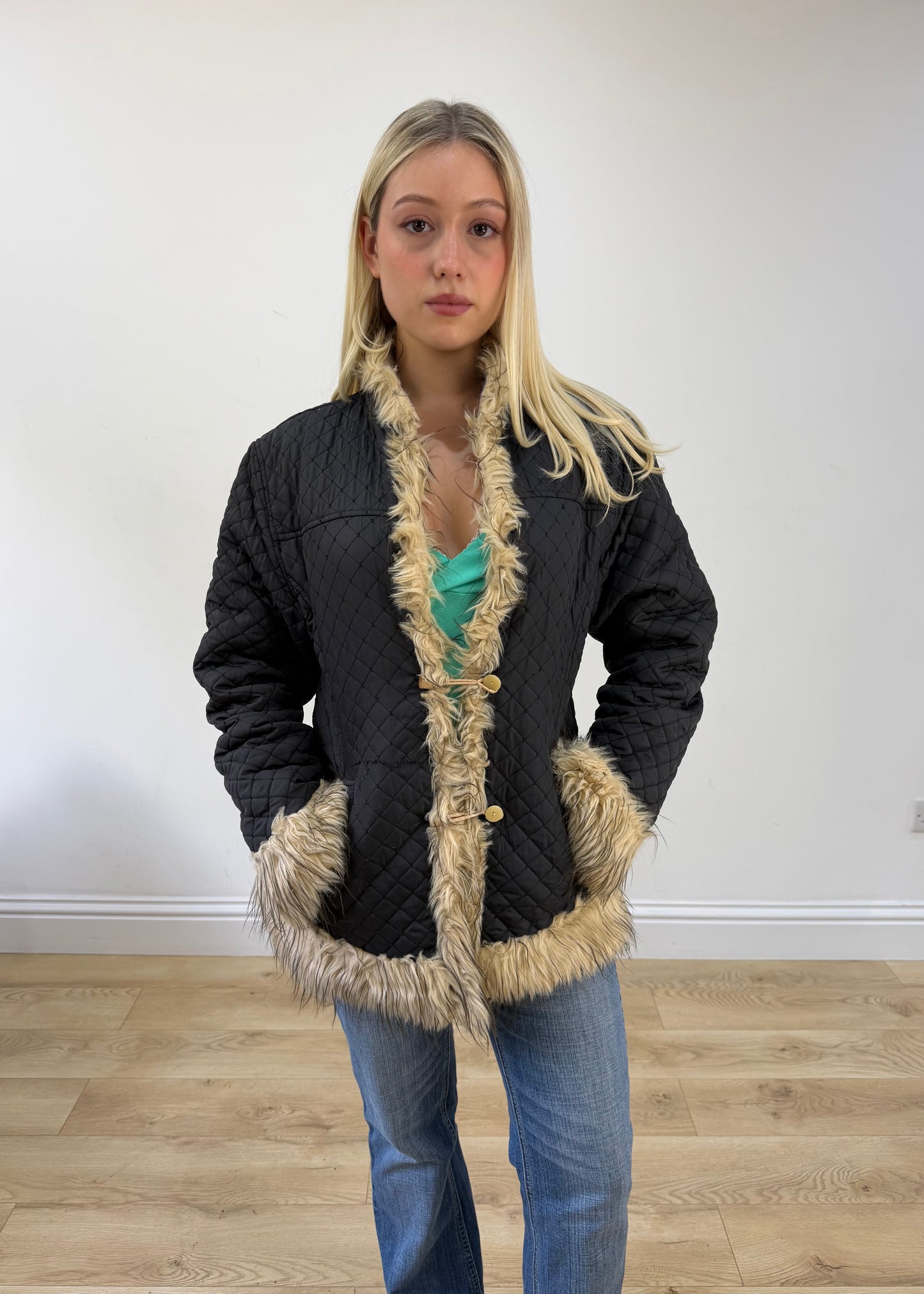 small black faux fur trim quilted jacket image 3