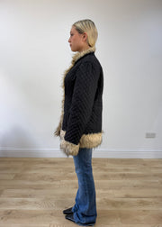 small black faux fur trim quilted jacket image 4