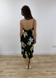 small black floral mesh overlay midi dress – back view