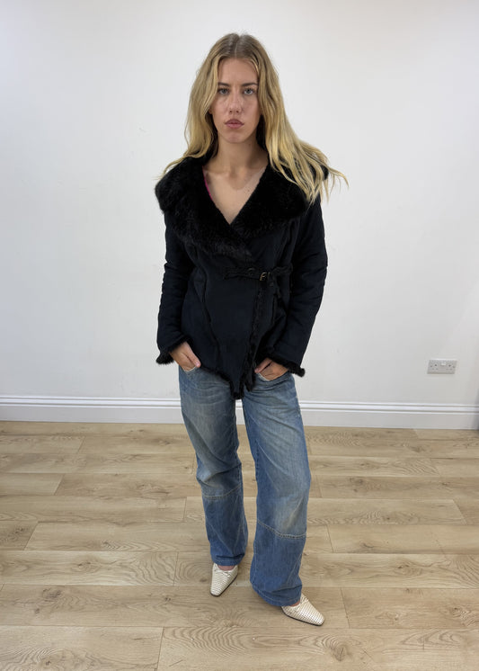 small black guardaroba faux suede jacket front