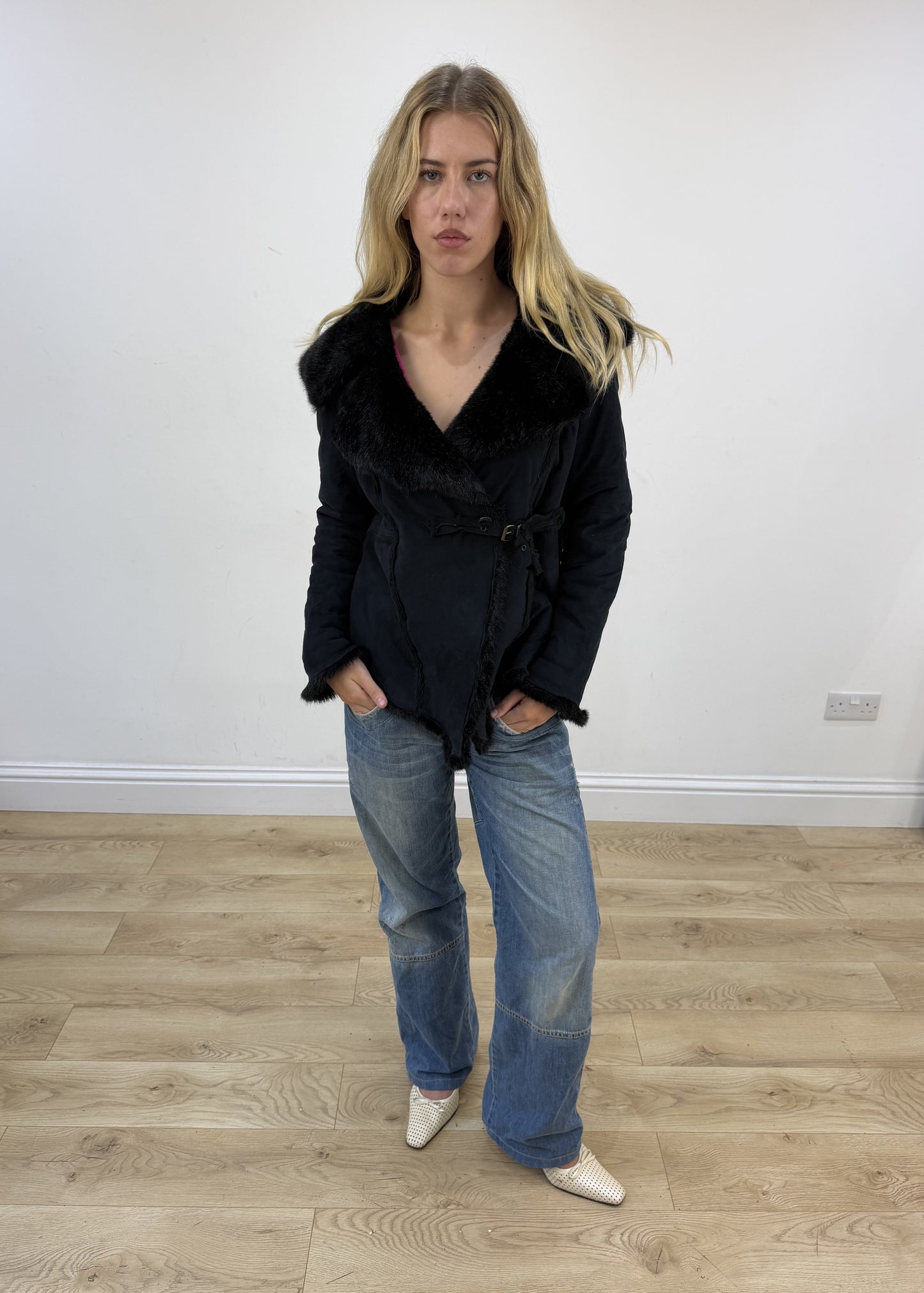 small black guardaroba faux suede jacket front