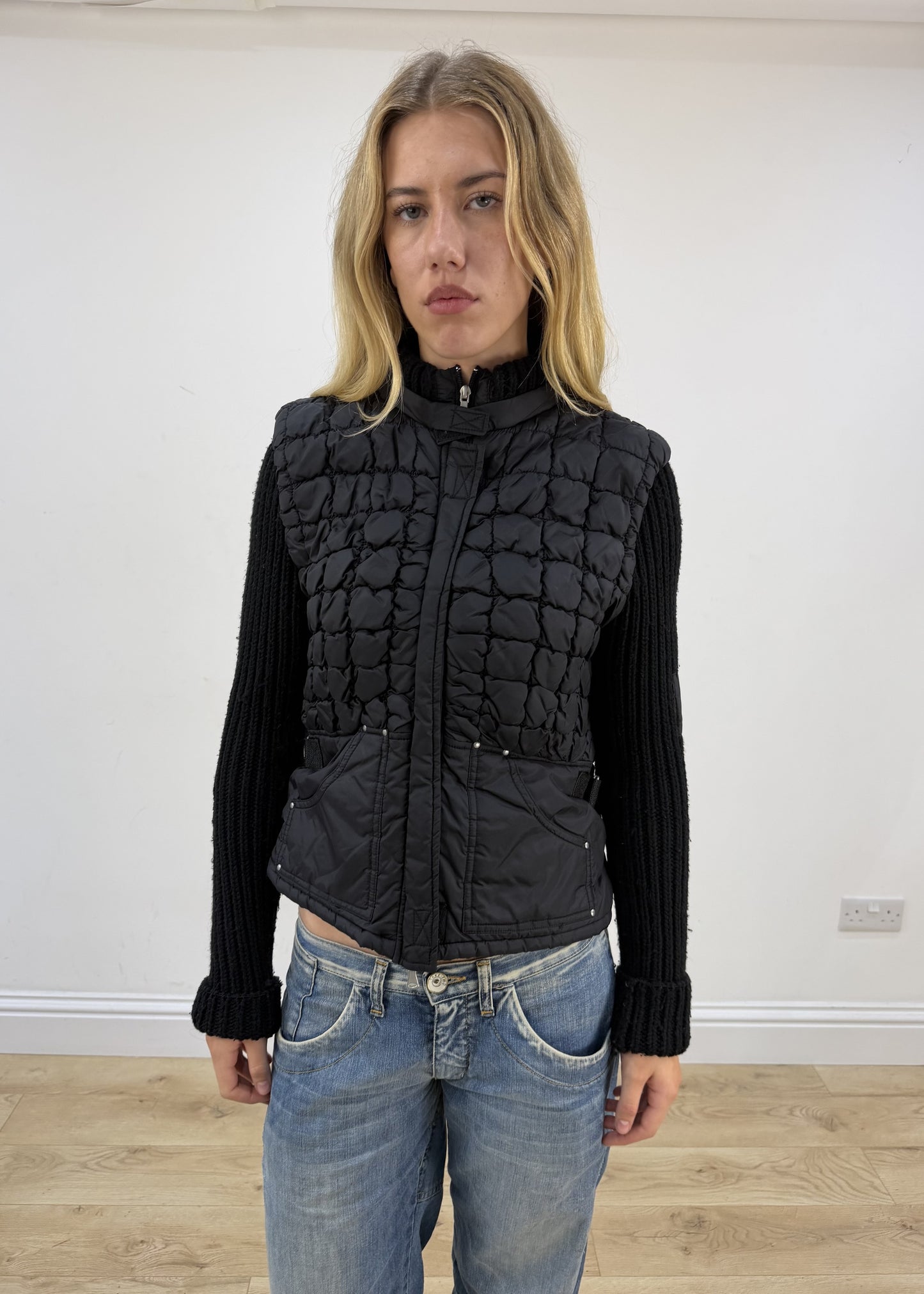 small black guess quilted puffer jacket close front