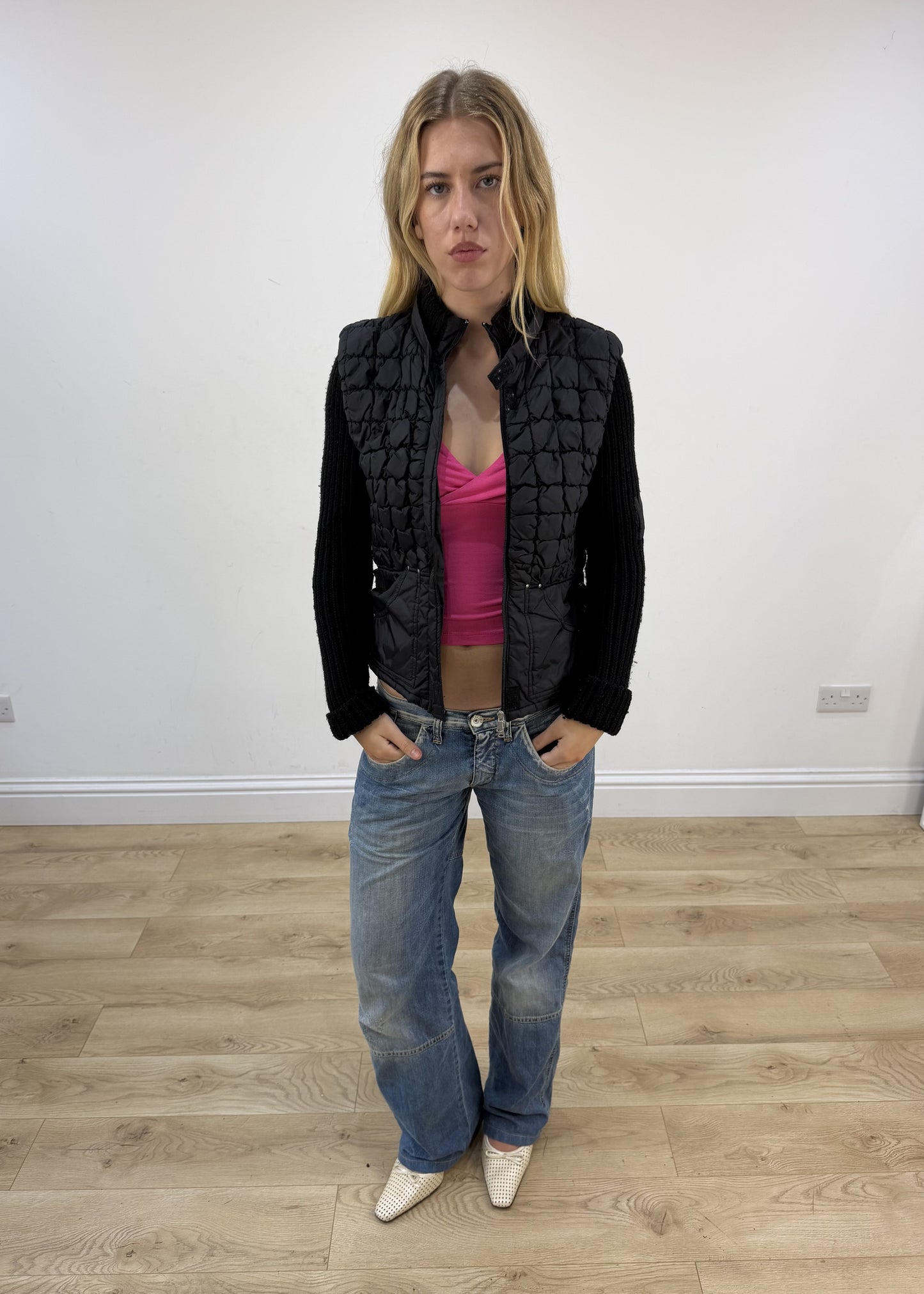 small black guess quilted puffer jacket open front