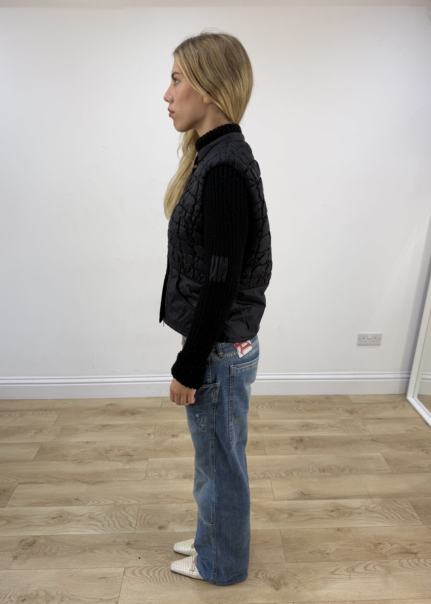 small black guess quilted puffer jacket left side