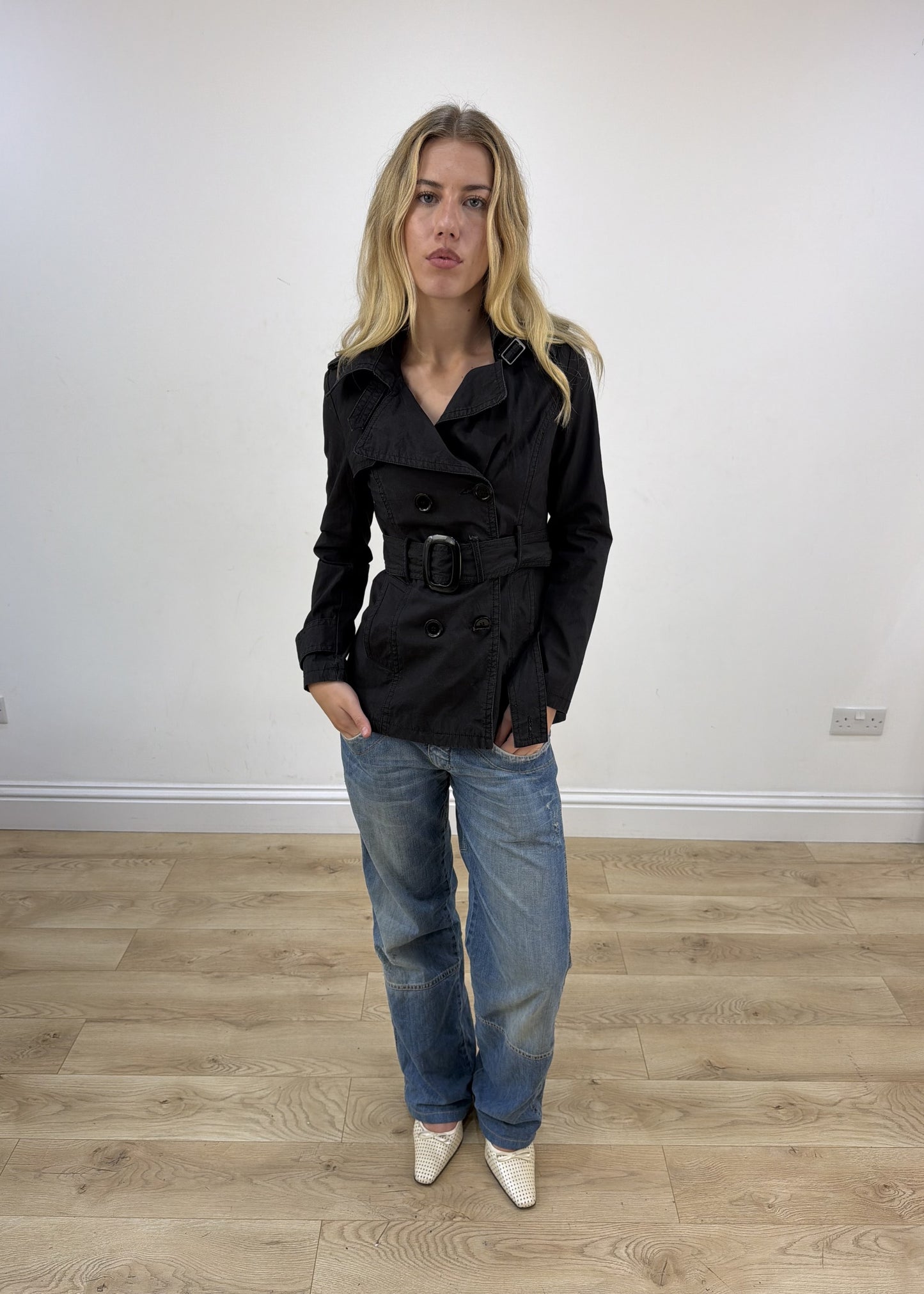 small black high neck trench coat front