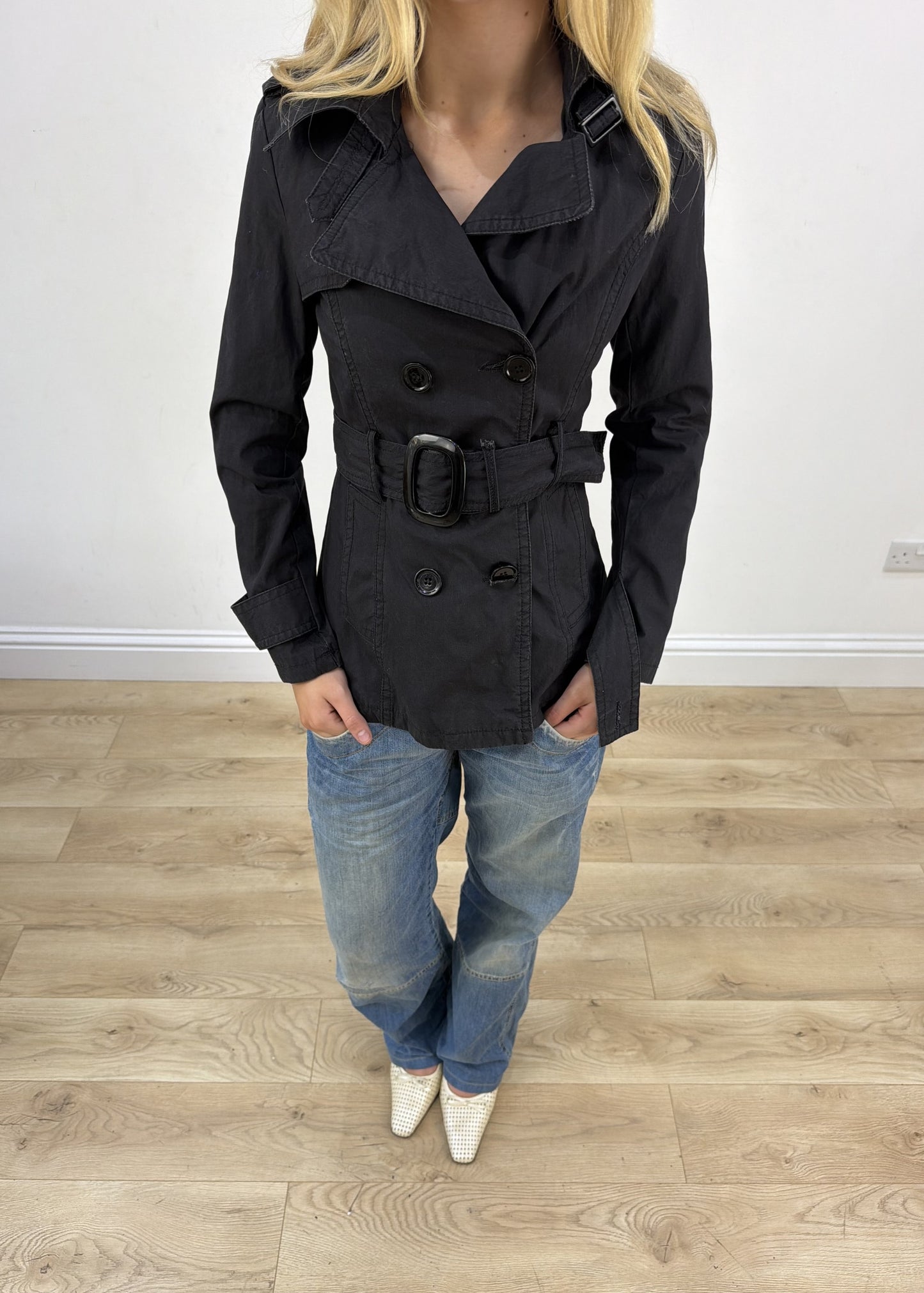 small black high neck trench coat aesthetic detail