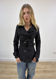 small black high neck trench coat close front