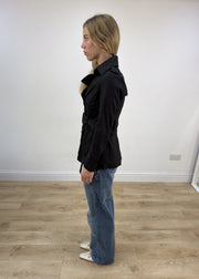 small black high neck trench coat left side
