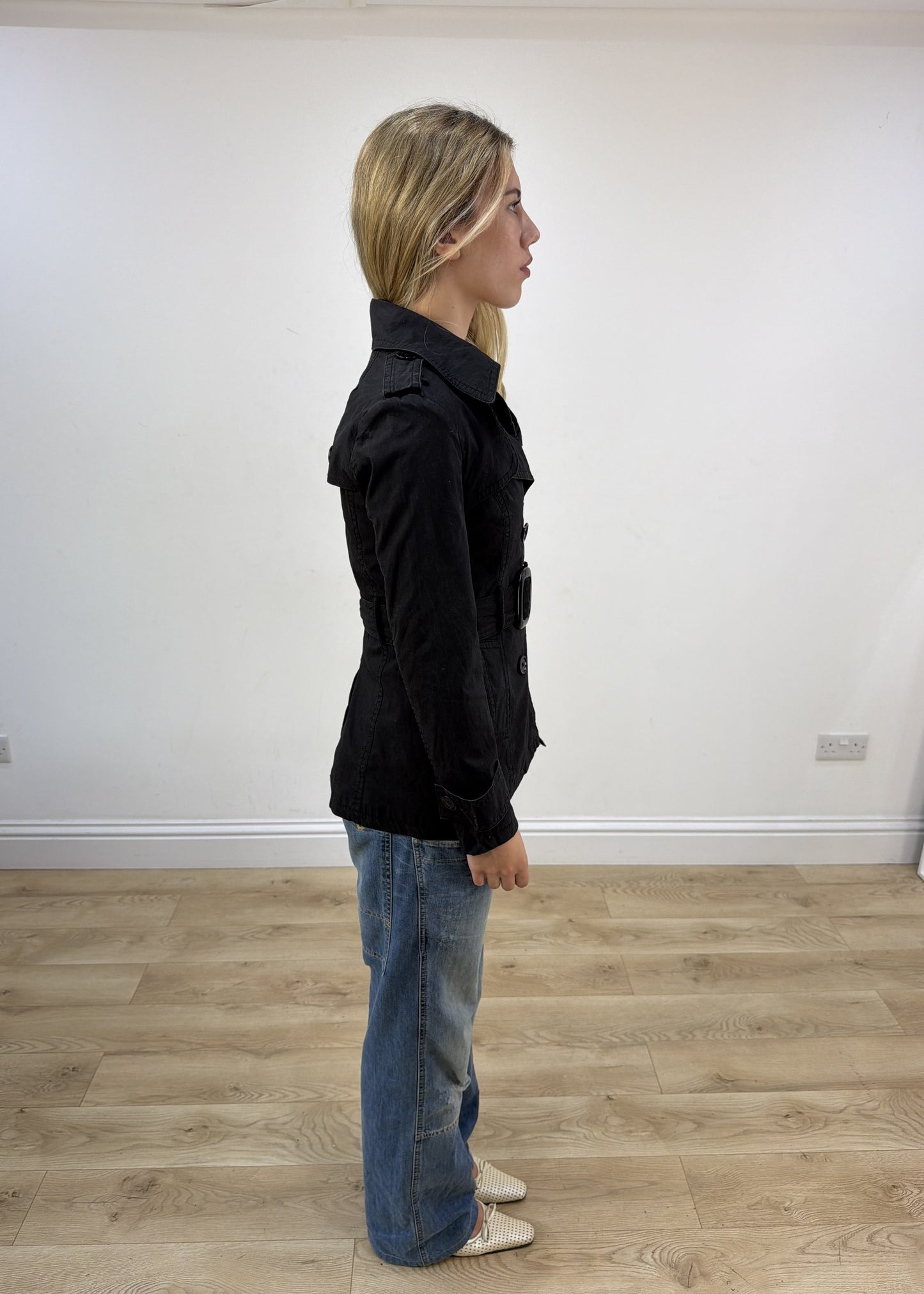 small black high neck trench coat right side