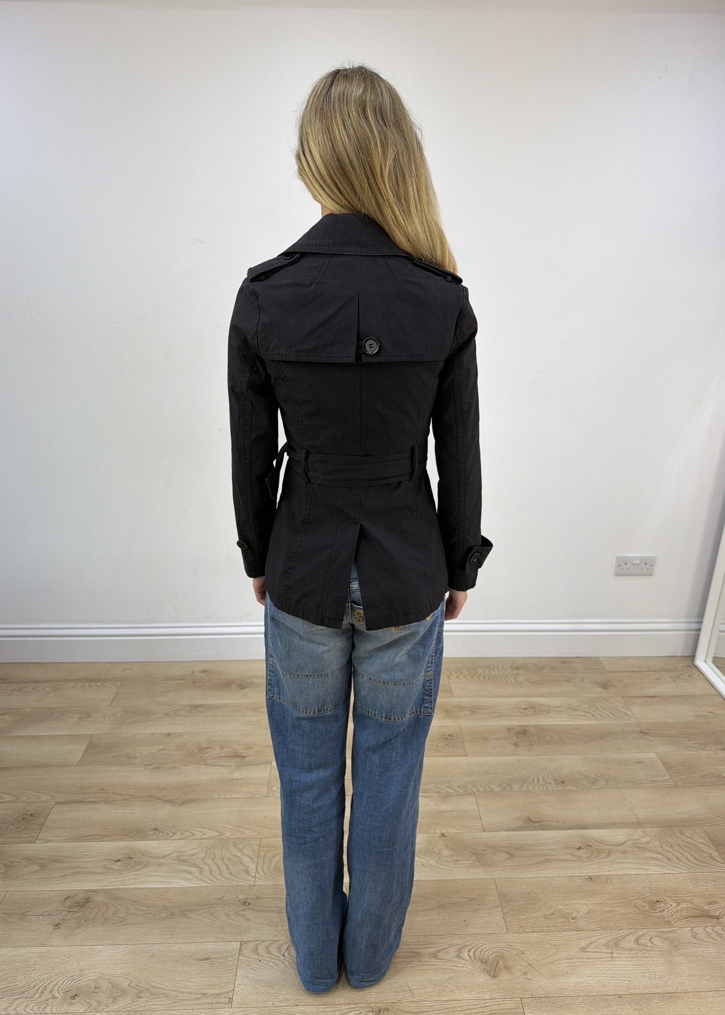 small black high neck trench coat back