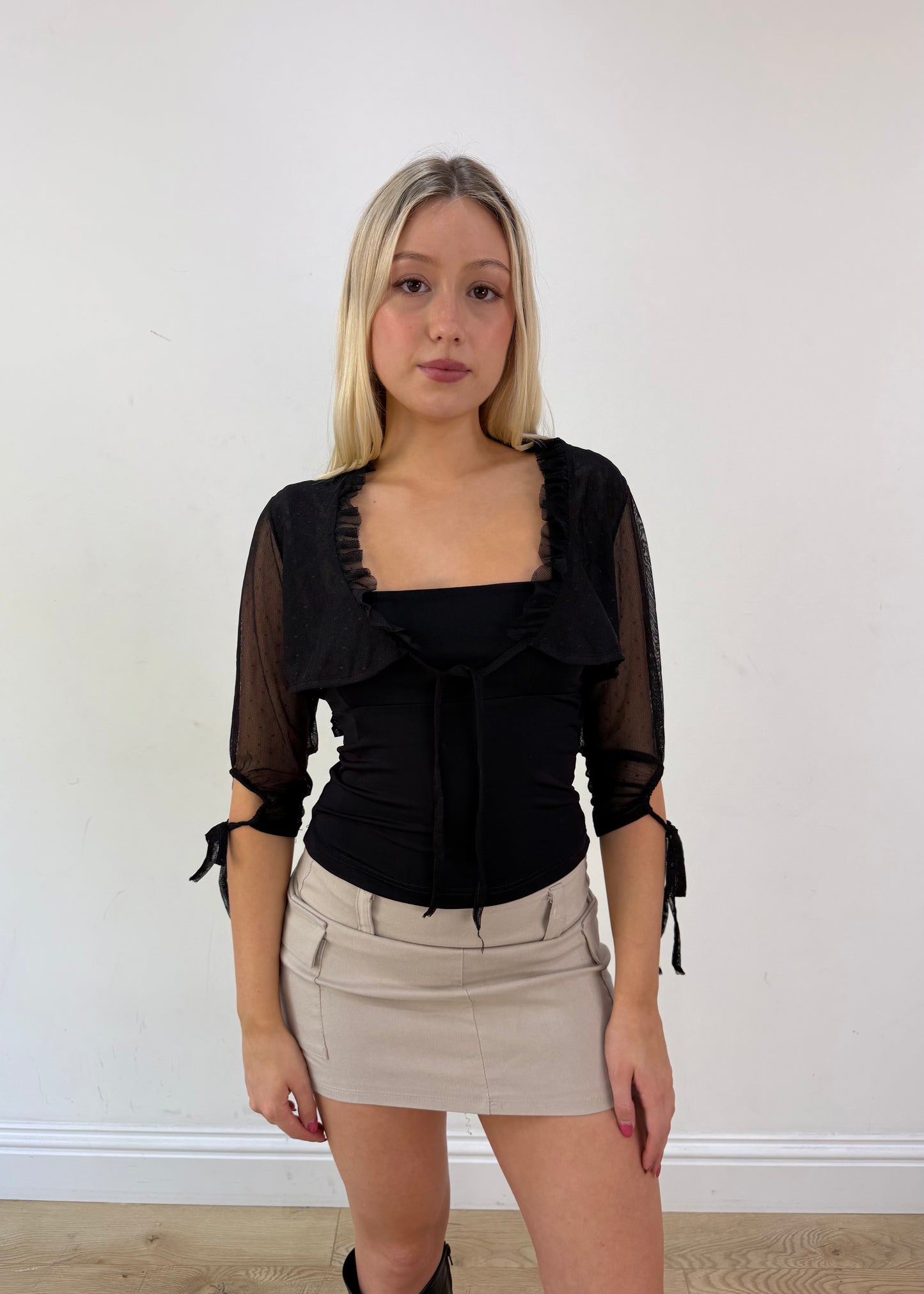 small black mesh bolero cardigan zoomed front