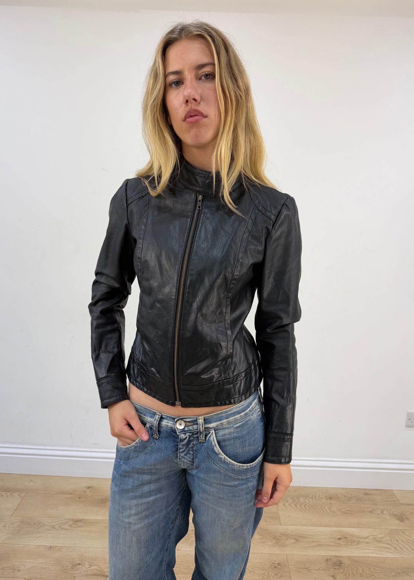 small black reserved faux leather high neck jacket image 3