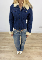 small blue denim faux fur jacket aesthetic detail