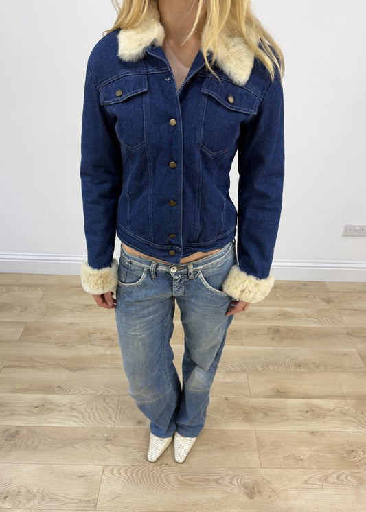 small blue denim faux fur jacket aesthetic detail