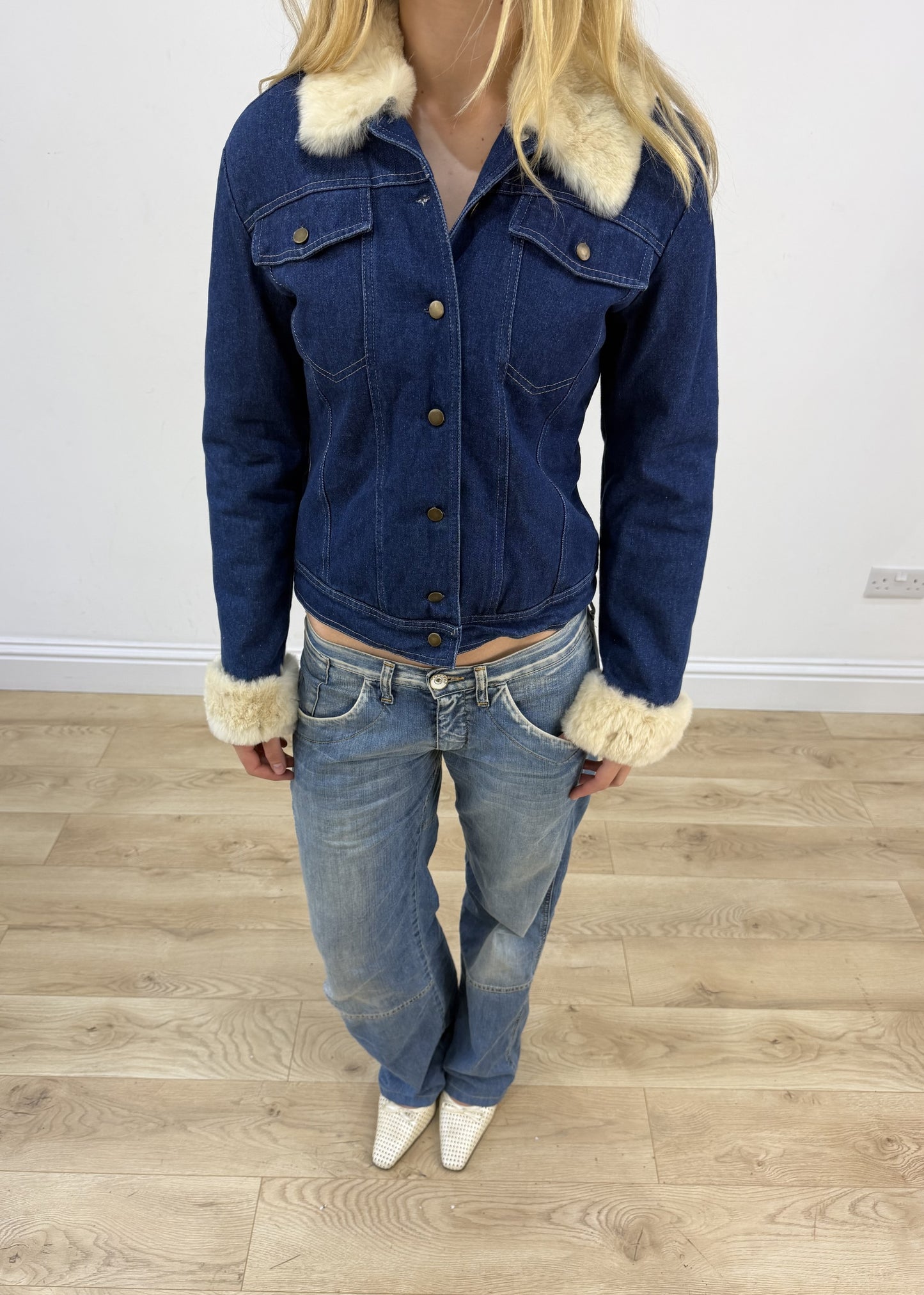 small blue denim faux fur jacket aesthetic detail
