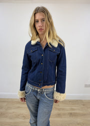 small blue denim faux fur jacket close front
