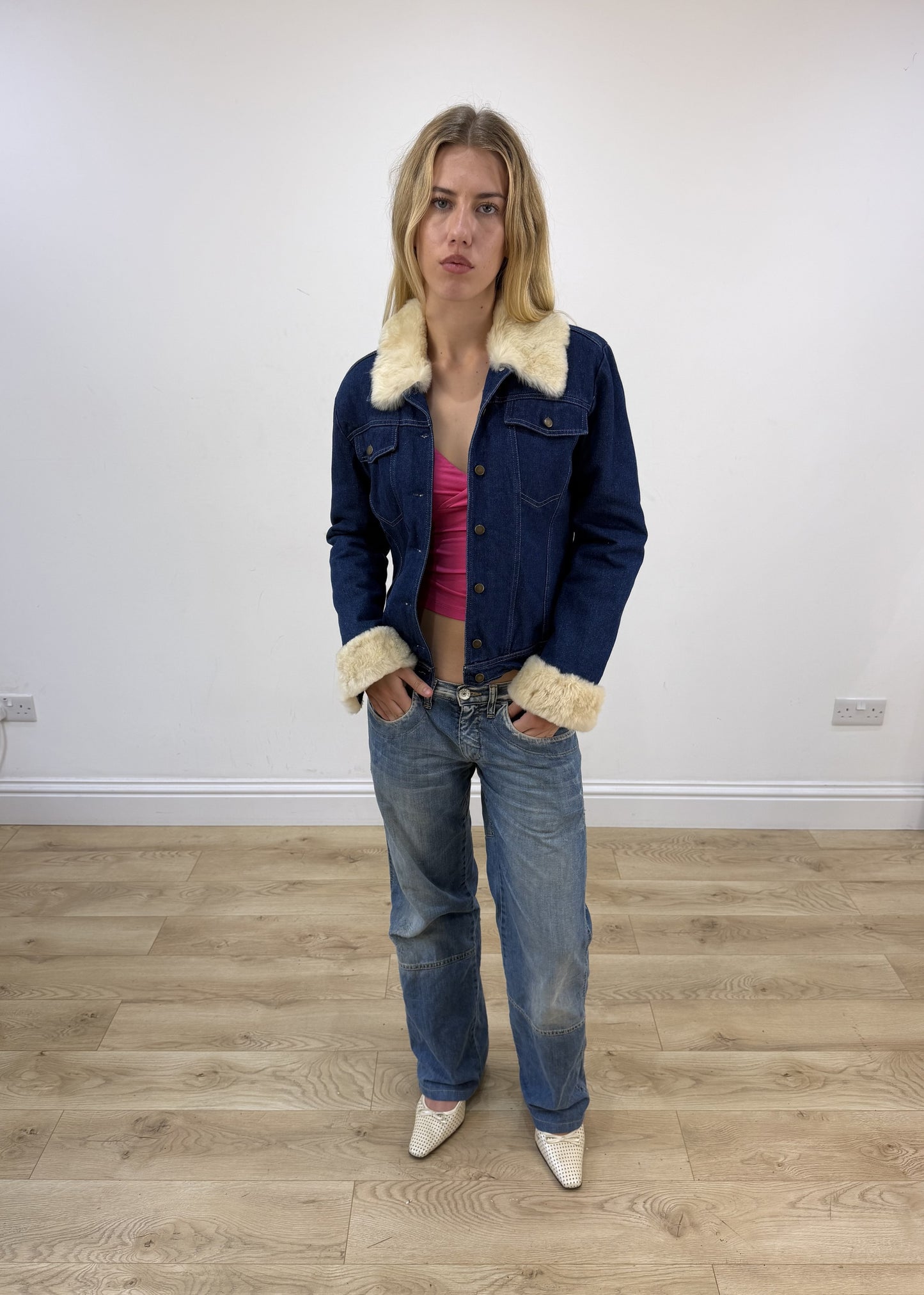 small blue denim faux fur jacket open front