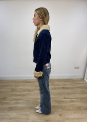 small blue denim faux fur jacket left side
