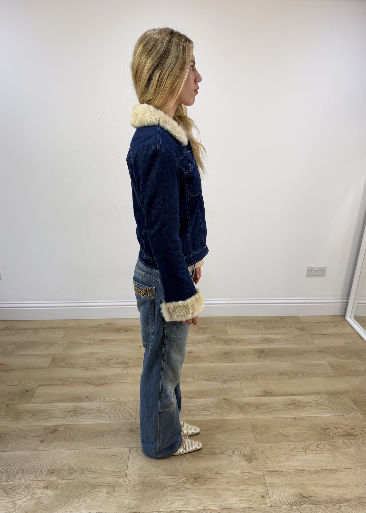 small blue denim faux fur jacket right side
