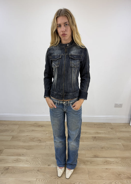 small blue dual zip denim jacket front