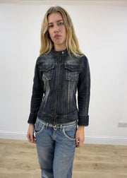 small blue dual zip denim jacket close front