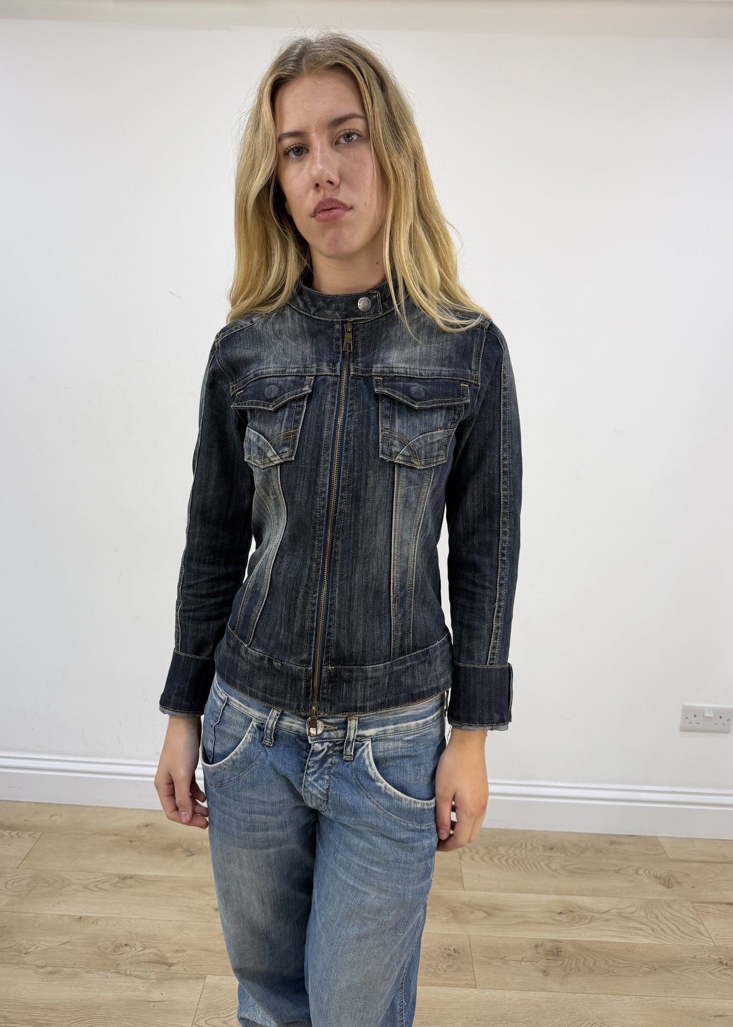 small blue dual zip denim jacket close front