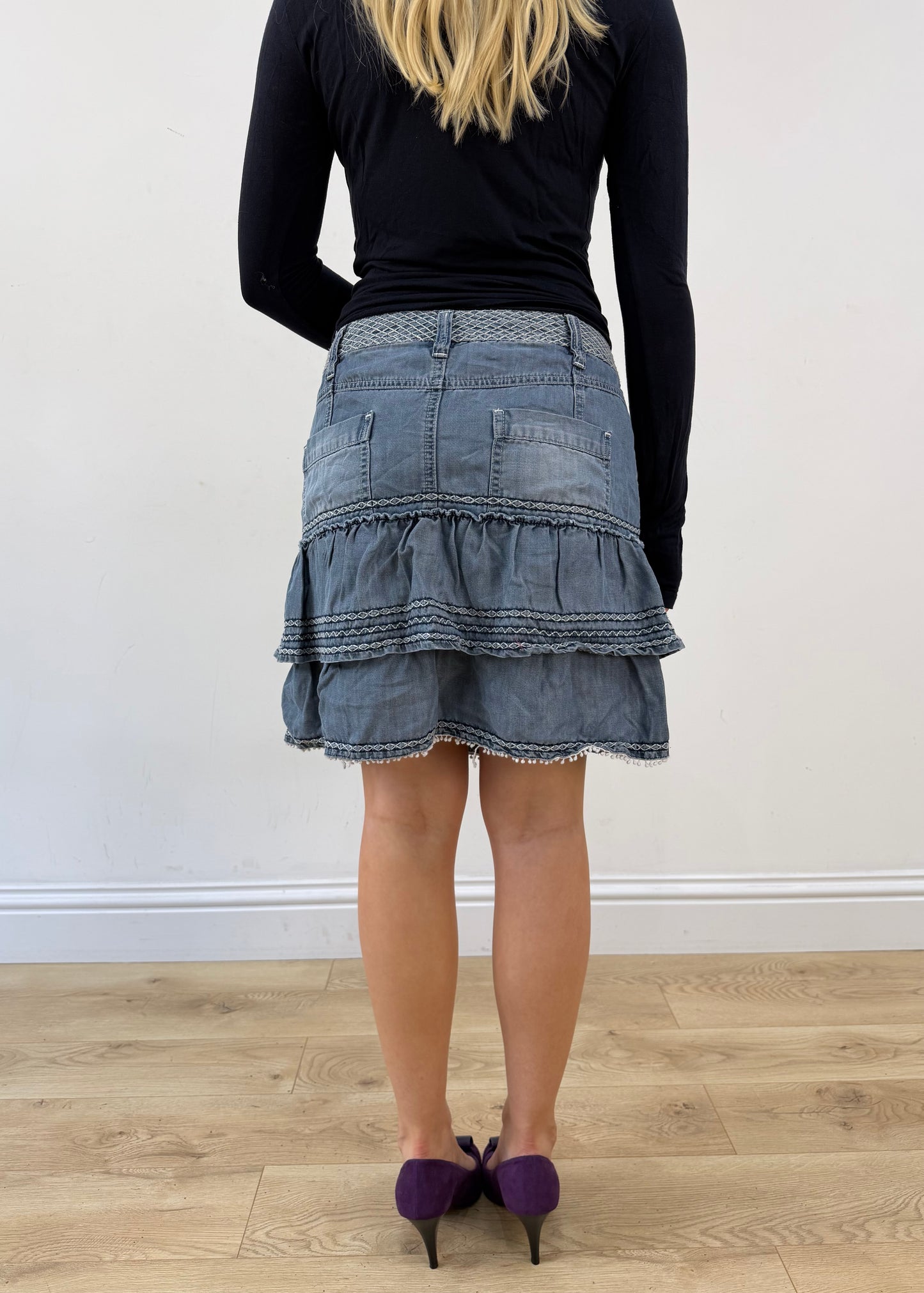 small blue Esprit tiered midi skirt back view