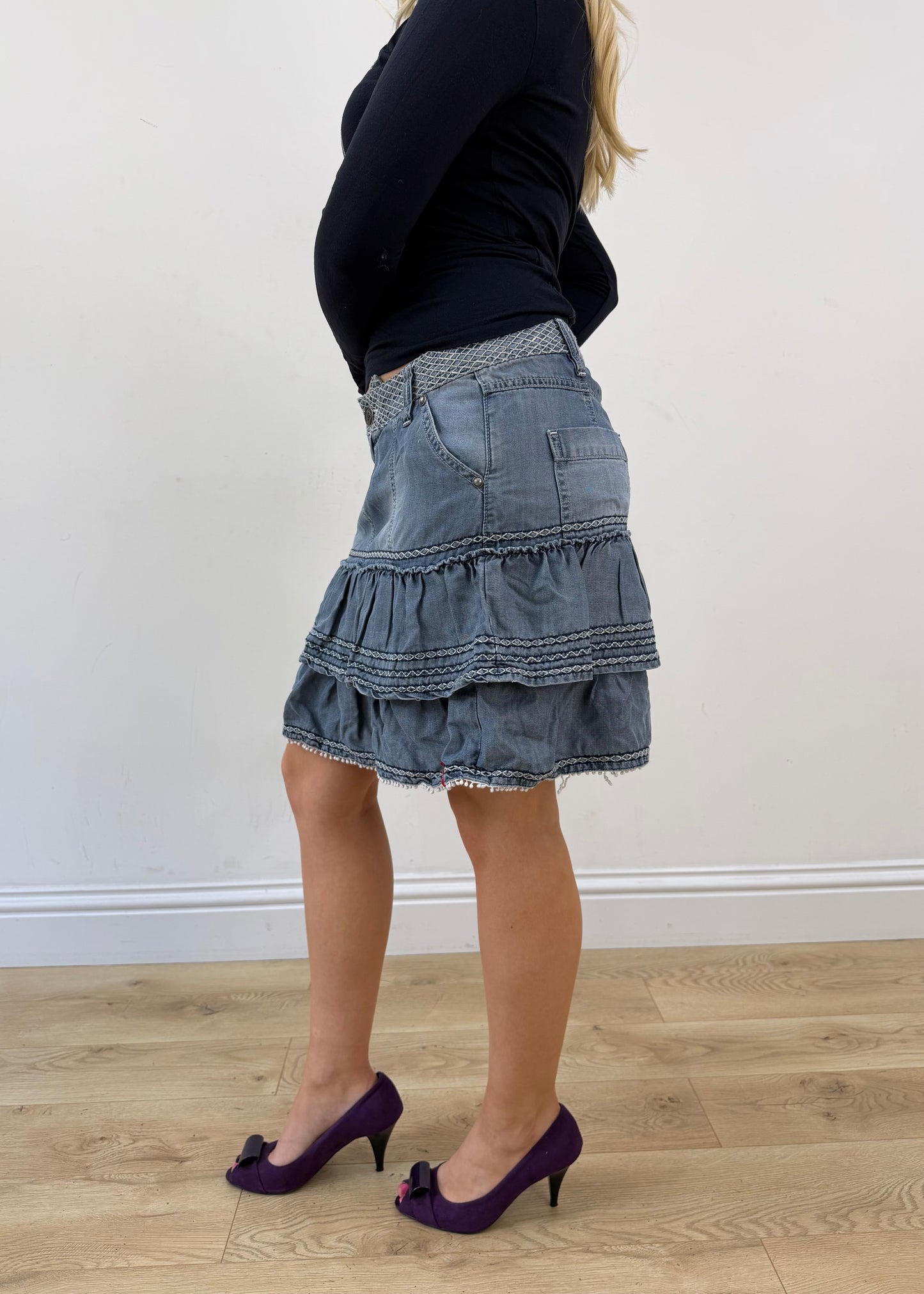 small blue Esprit tiered midi skirt side view