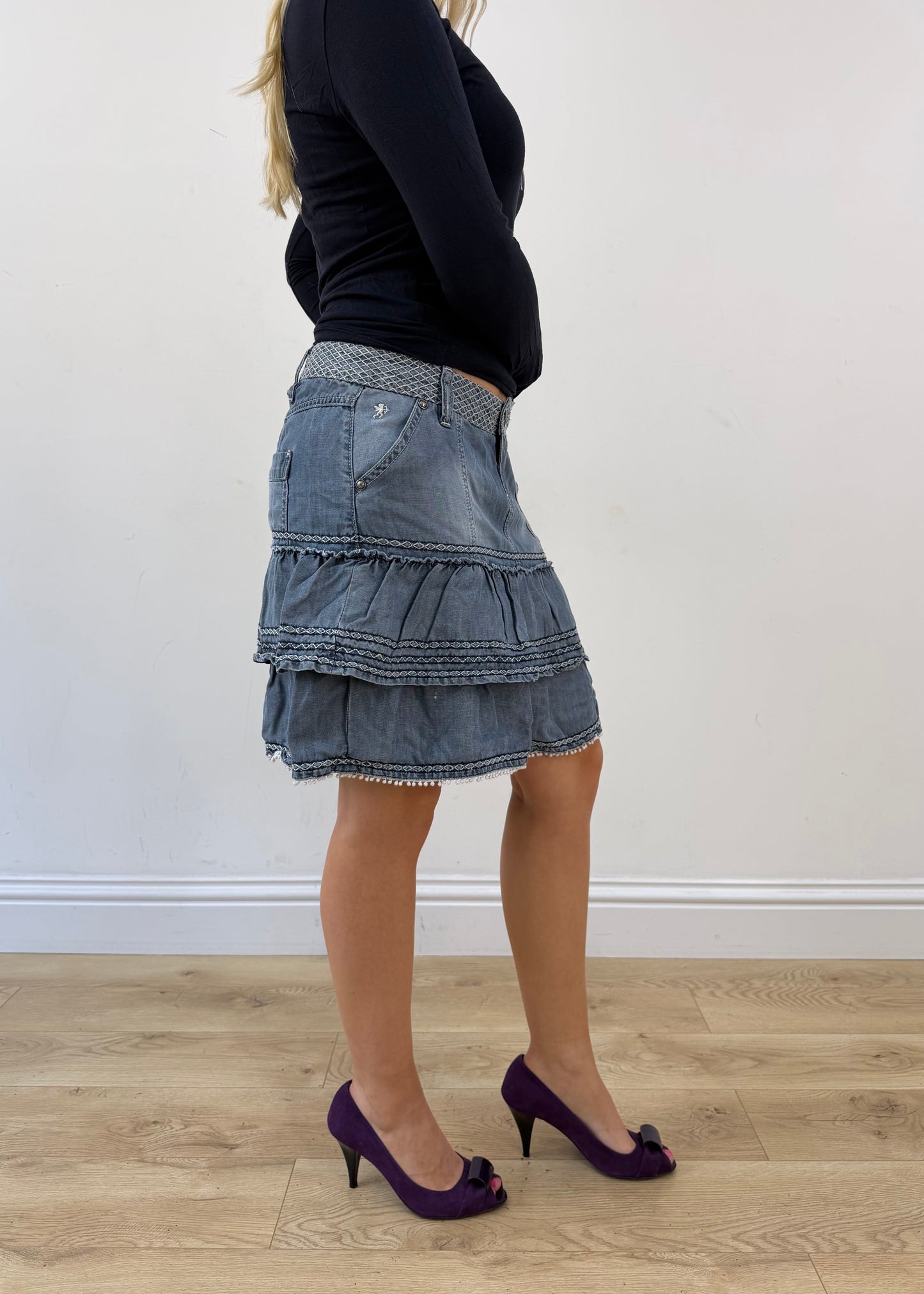 small blue Esprit tiered midi skirt opposite side view