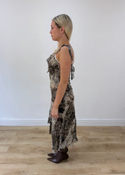 small brown asymmetric midi dress side