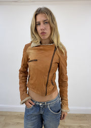 small brown bershka faux leather jacket close front
