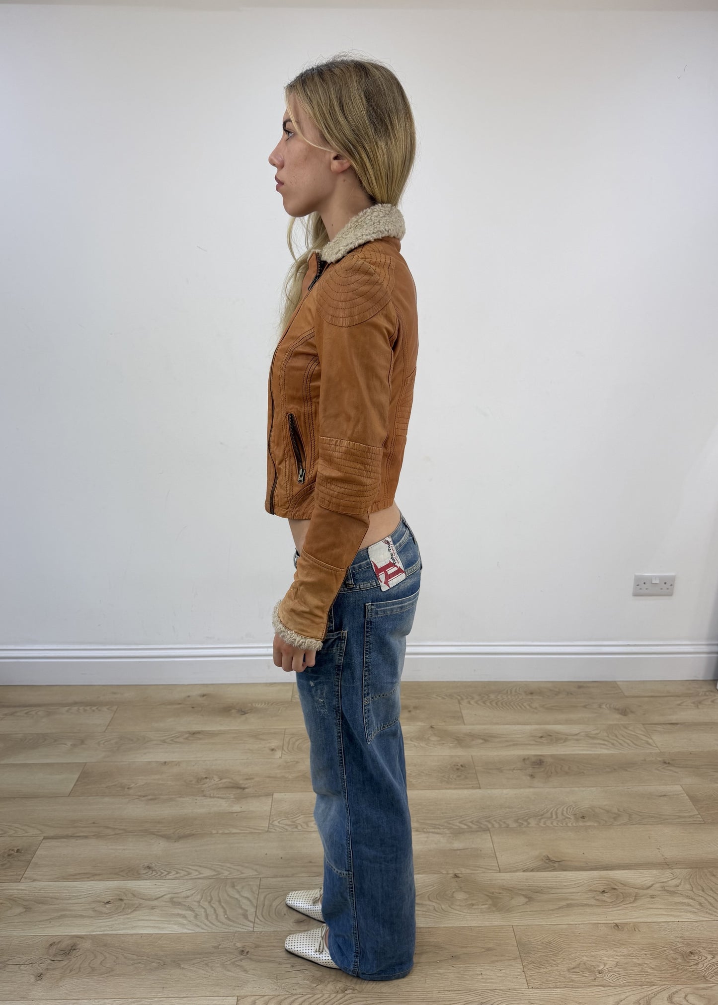 small brown bershka faux leather jacket left side