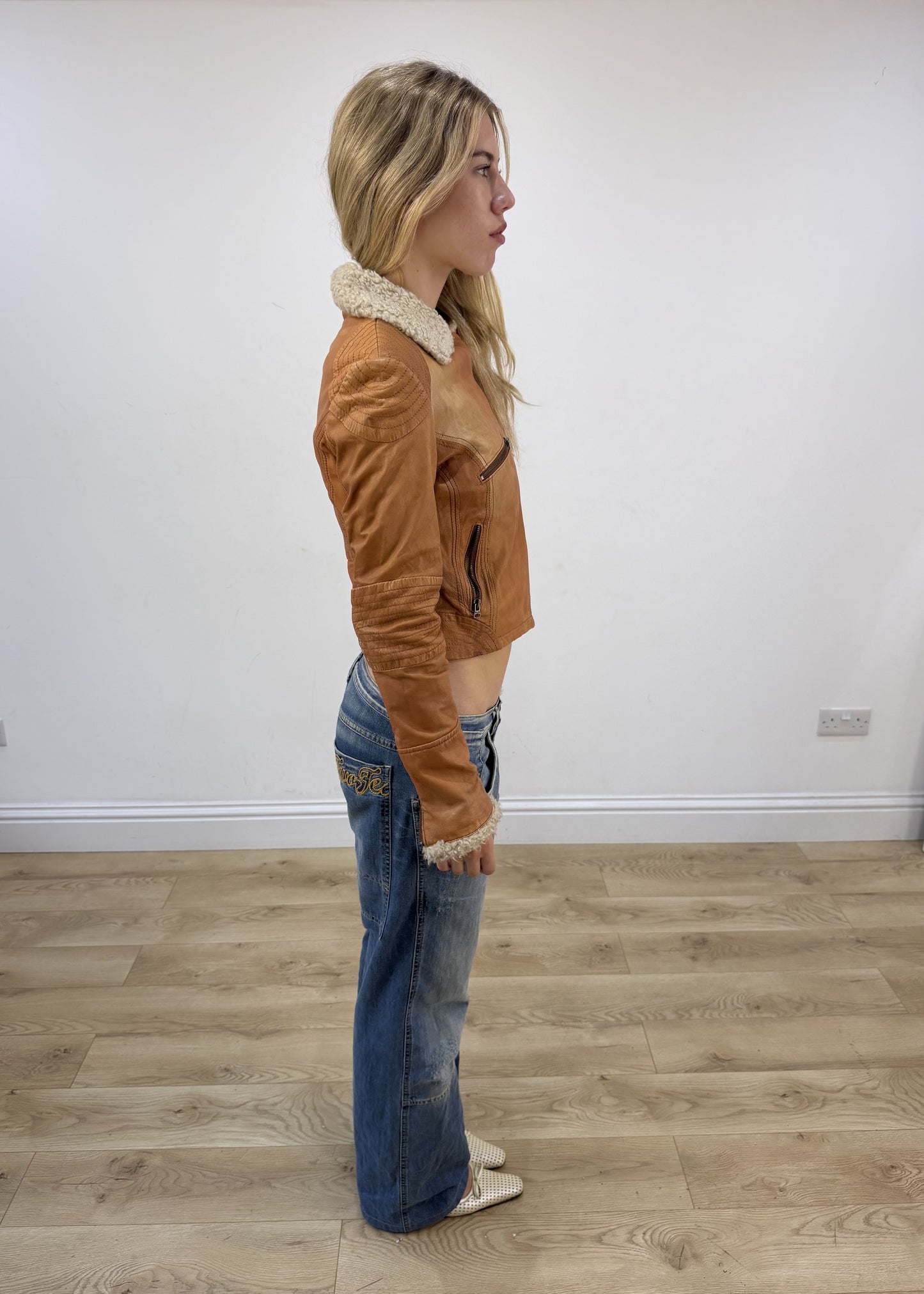 small brown bershka faux leather jacket right side