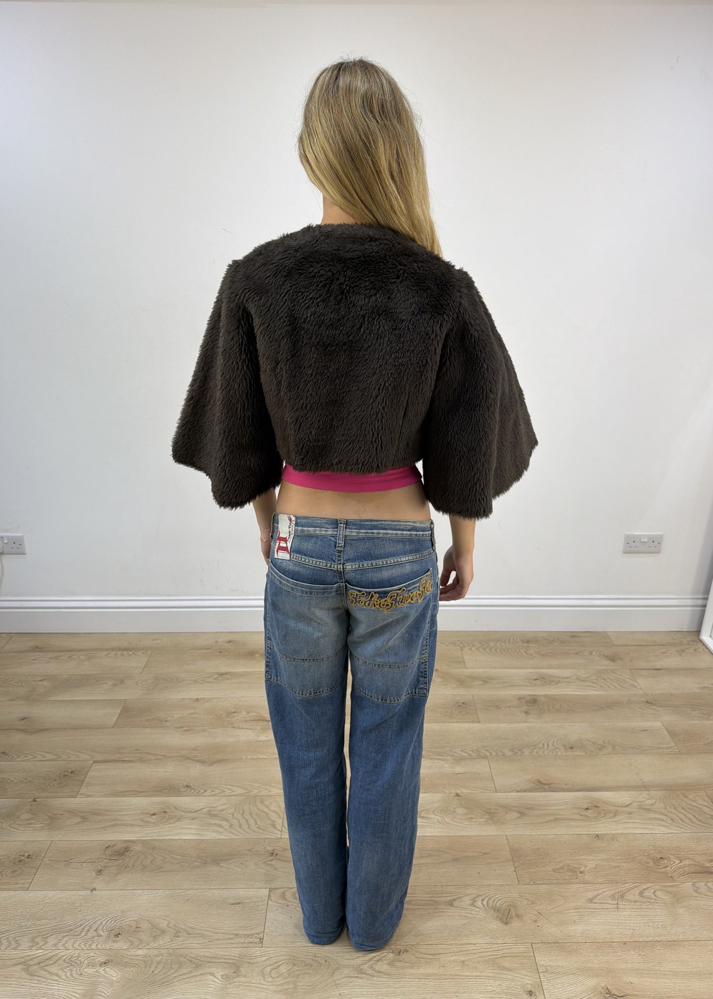 small brown faux fur cape back