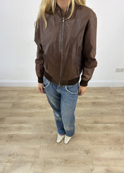 small brown faux leather bomber jacket label
