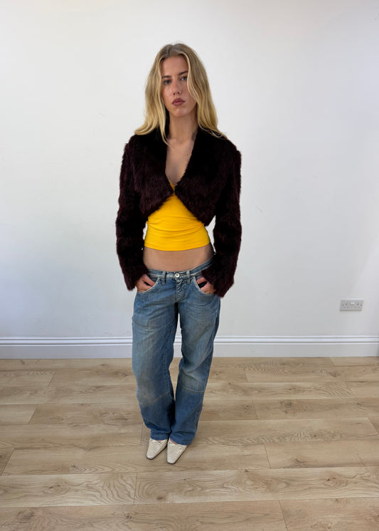 small burgundy faux fur cropped jacket