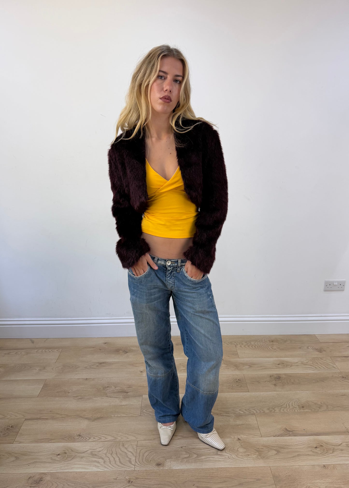 small burgundy faux fur cropped jacket