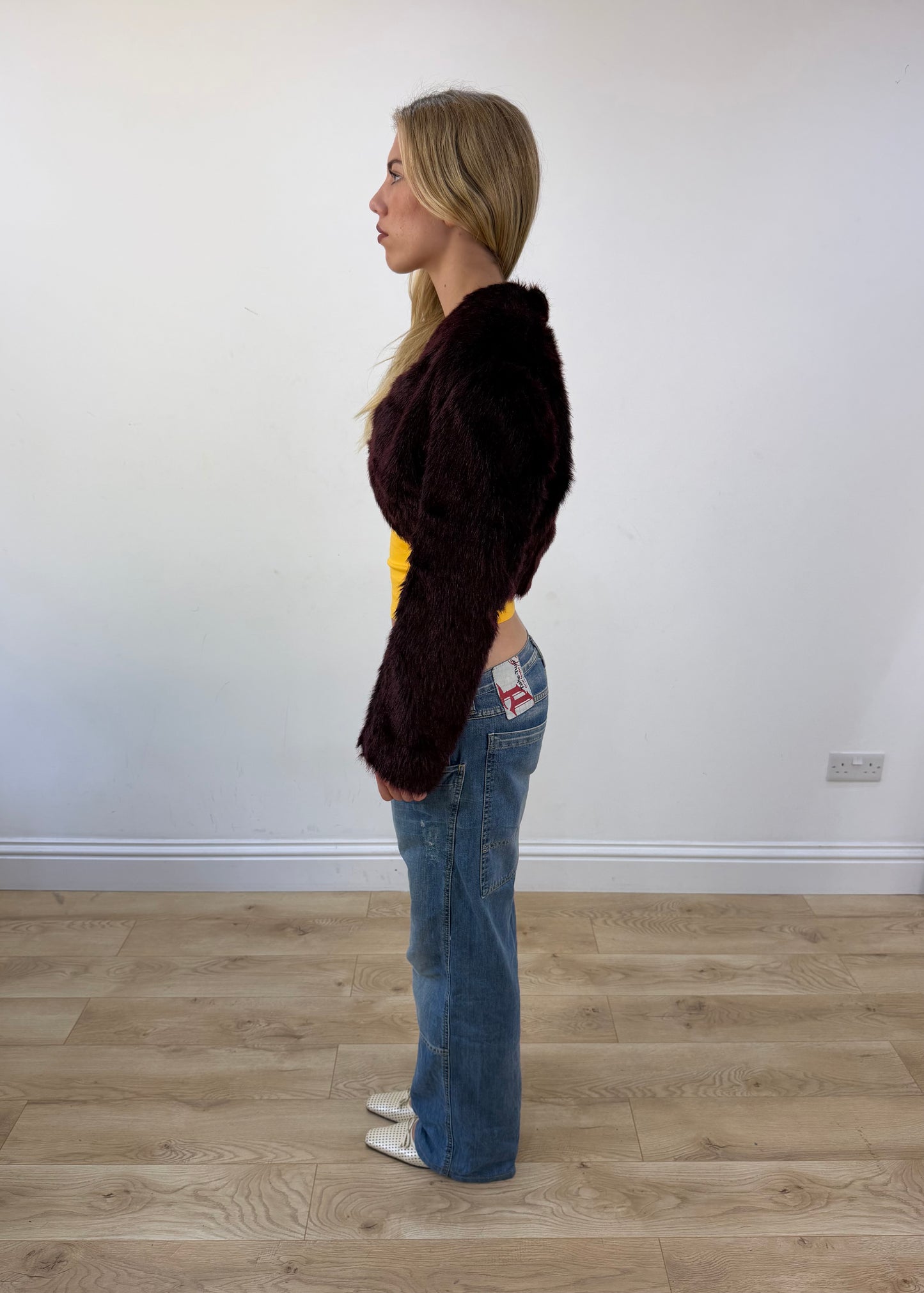 small burgundy faux fur cropped jacket