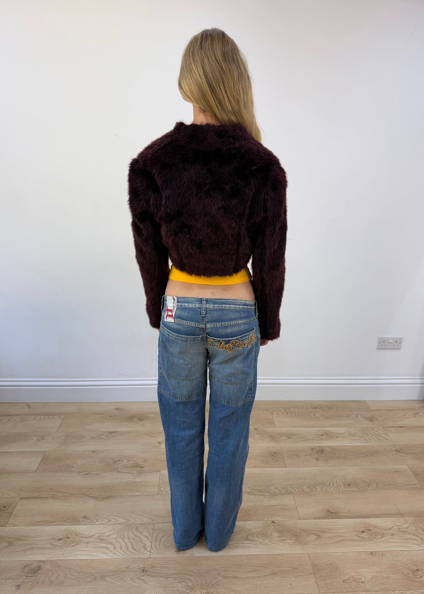 small burgundy faux fur cropped jacket