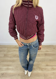 small burgundy fishbone varsity jacket aesthetic detail
