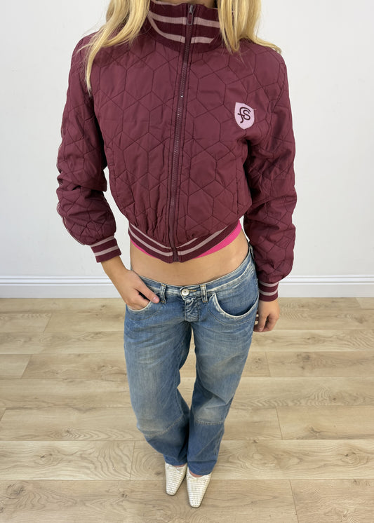 small burgundy fishbone varsity jacket aesthetic detail