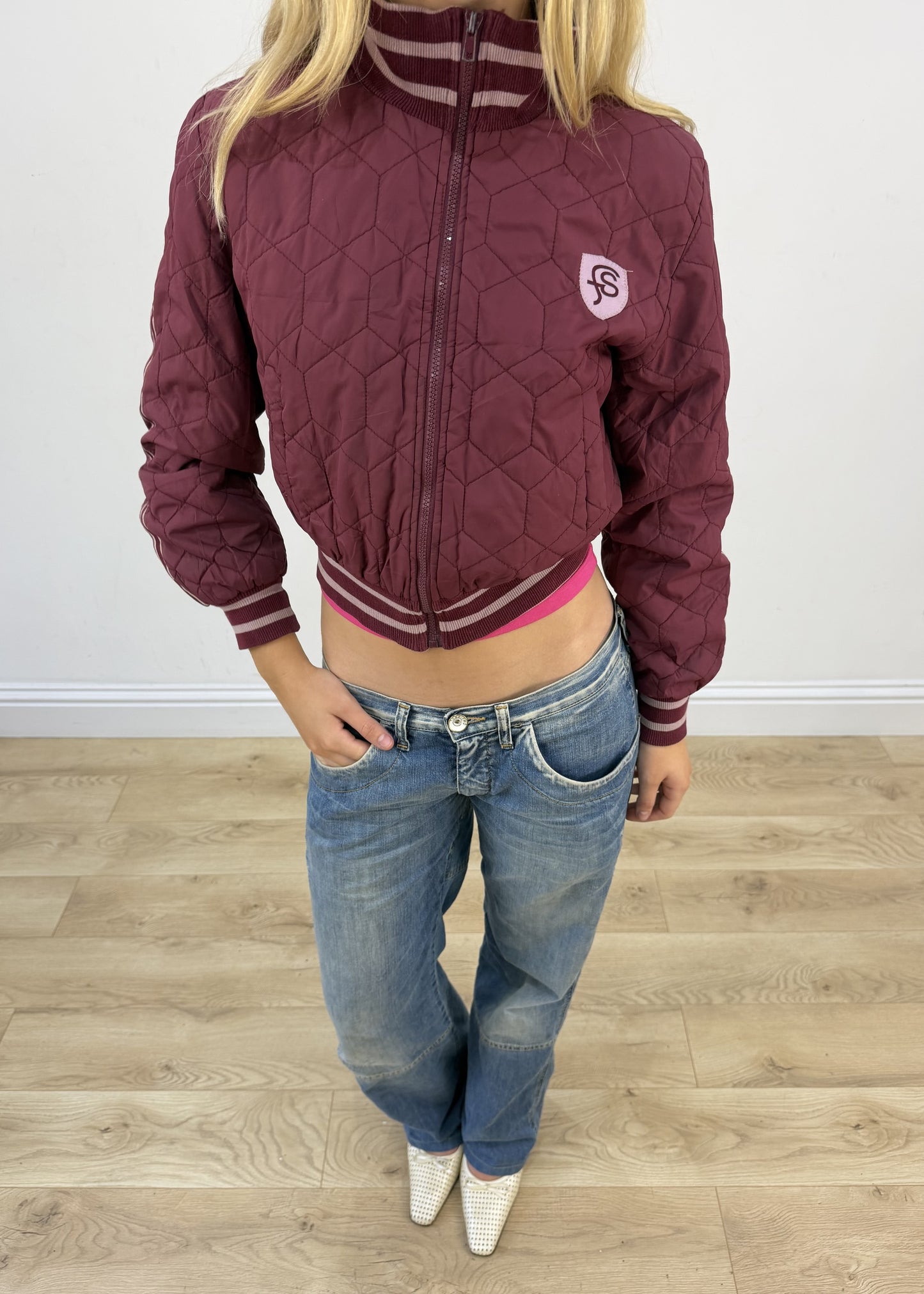 small burgundy fishbone varsity jacket aesthetic detail