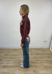 small burgundy fishbone varsity jacket left side