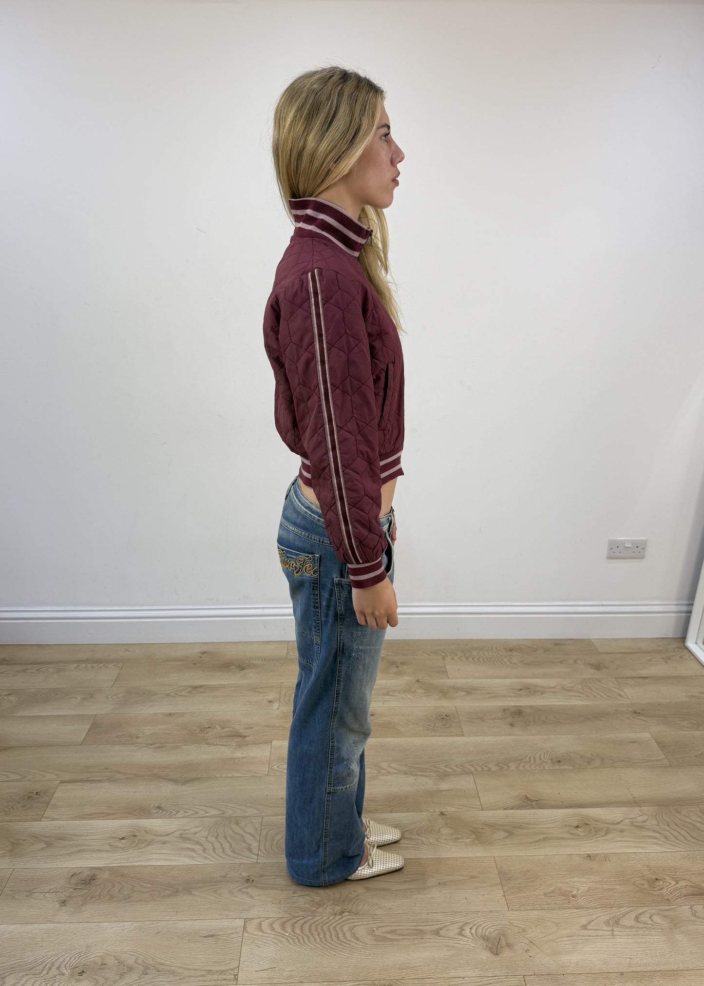 small burgundy fishbone varsity jacket right side