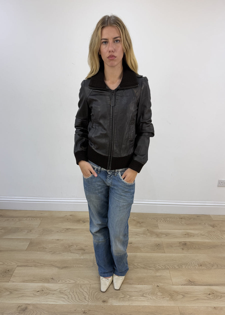 small dark brown zara faux leather jacket front