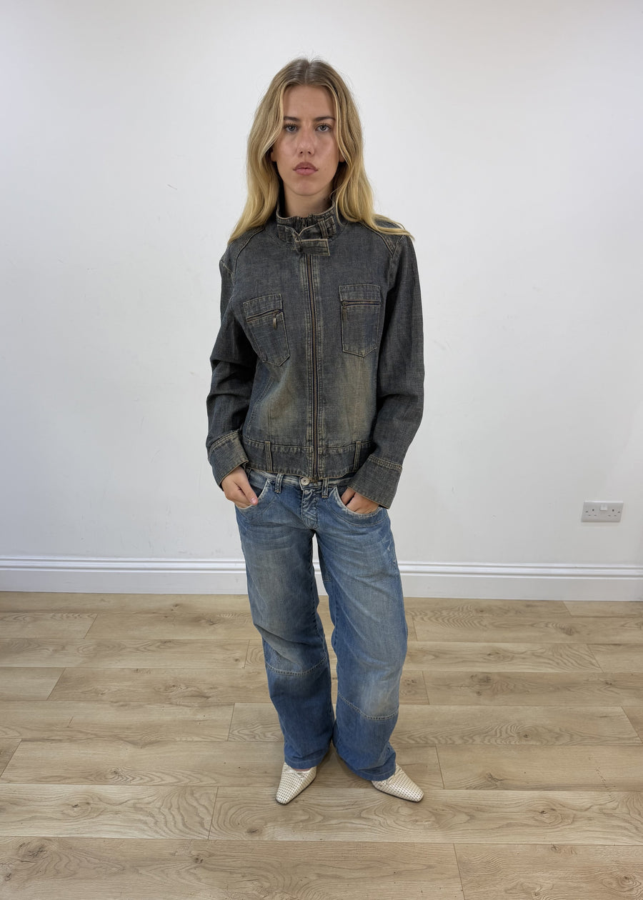 small grey acid wash denim jacket front