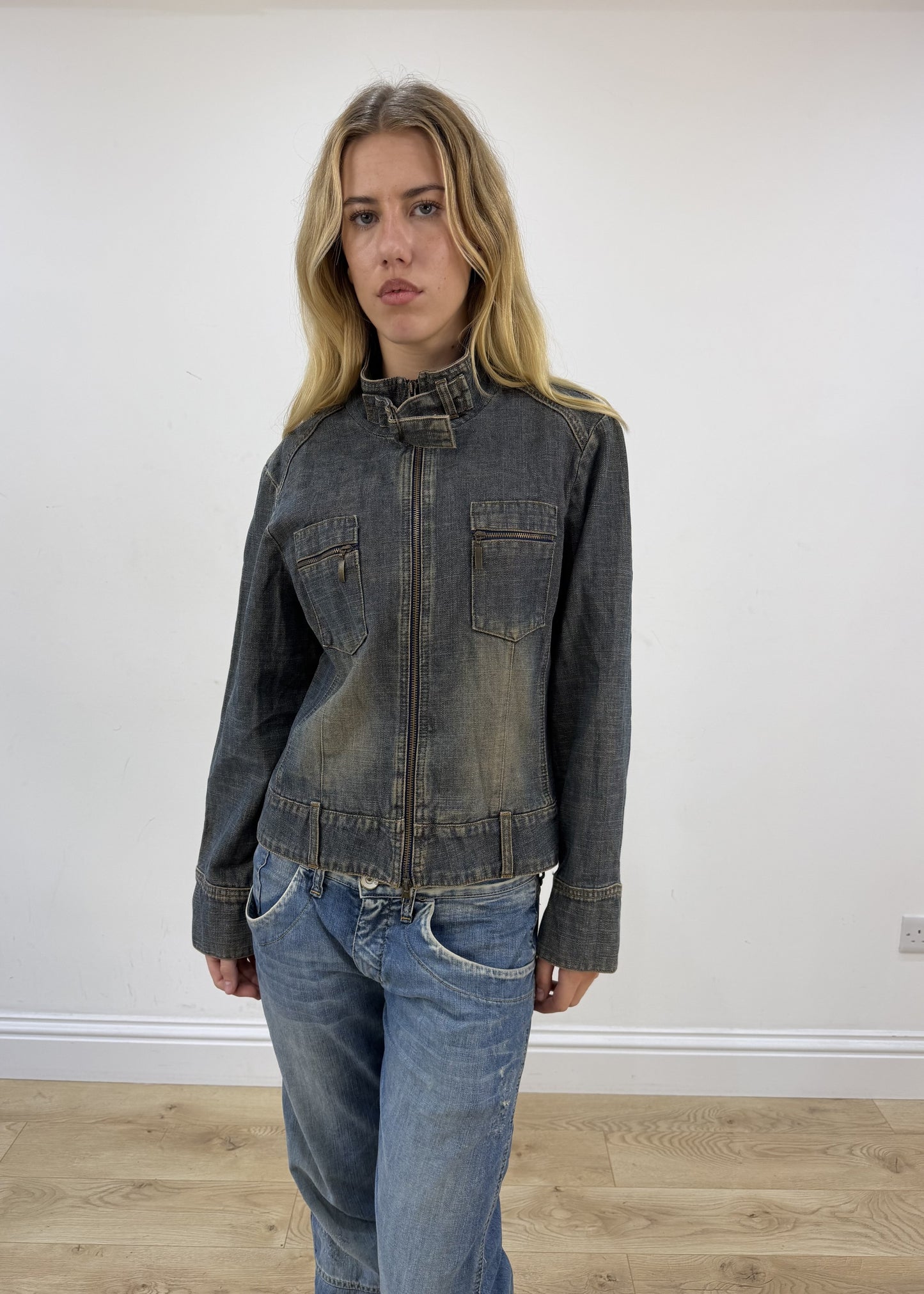 small grey acid wash denim jacket close front