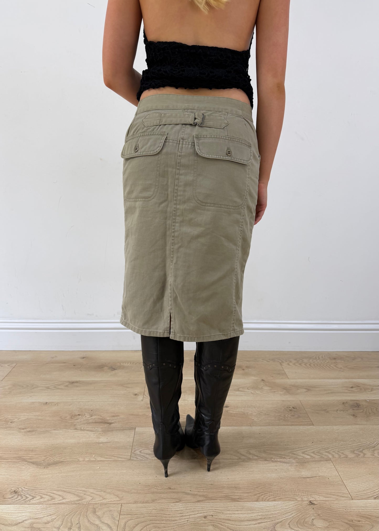small khaki ralph lauren cargo midi skirt back