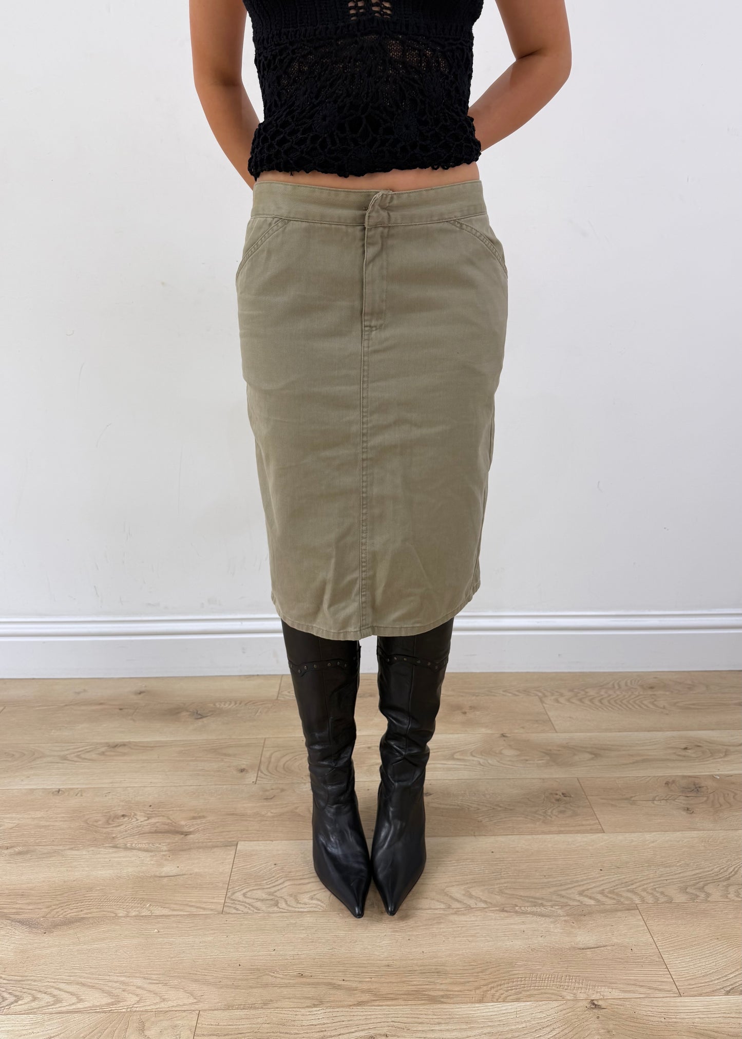 small khaki ralph lauren cargo midi skirt posed