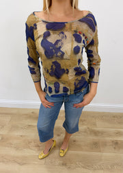 small/medium blue patterned mesh long sleeve top detail